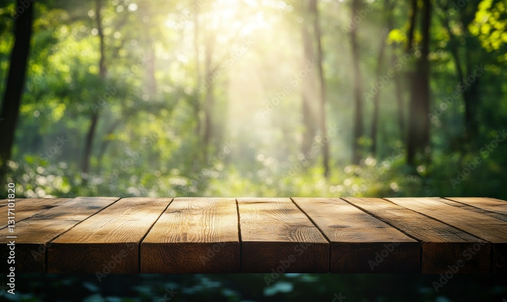 Poster wooden table with sunlight streaming through trees in a forest setting