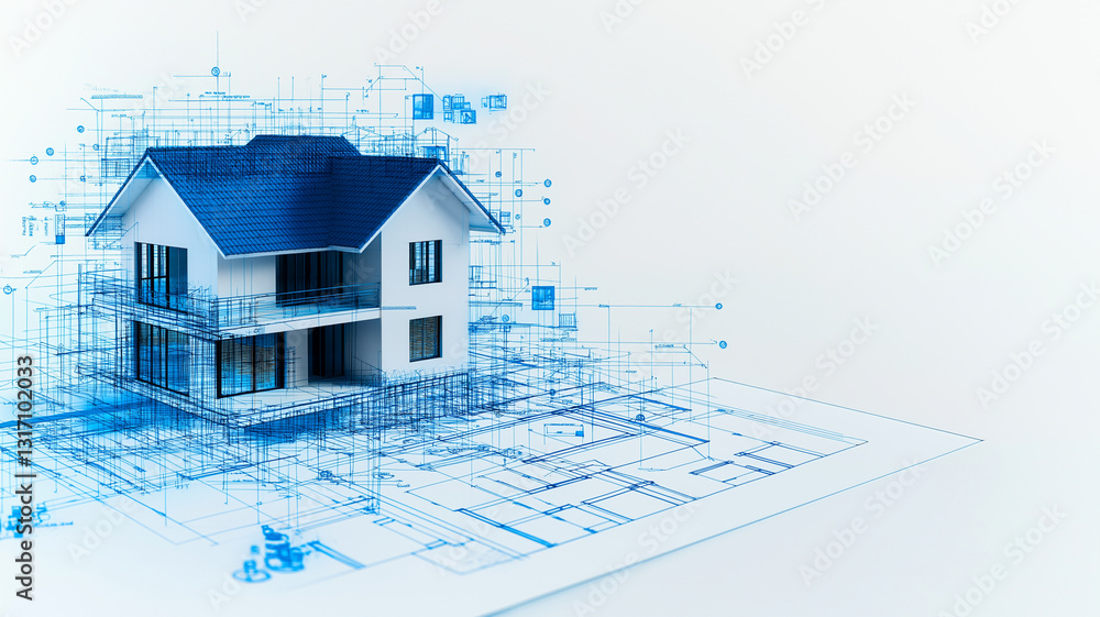 Poster detailed architectural blueprint of modern house design, showcasing intricate lines and measurements