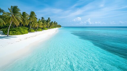 Fototapeta premium White sandy beach with crystalline turquoise waters and swaying palm trees lines tropical coastline, featuring brilliant clear sky and powdery sand in idyllic Caribbean or Maldives island scene.