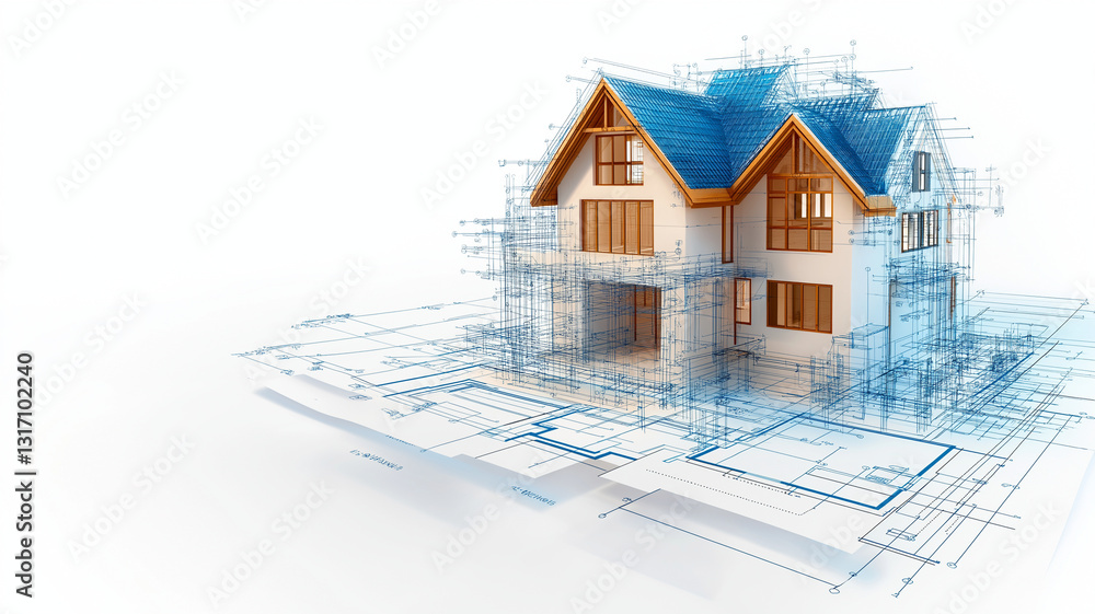 Poster detailed architectural blueprint of modern house design, showcasing intricate lines and structures. 