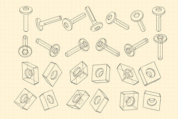 Mechanical engineering drawings on sepia background. Cutter, assembly tool with replaceable multi-faceted plate. Technical Design. Cover. Blueprint. Vector illustration.