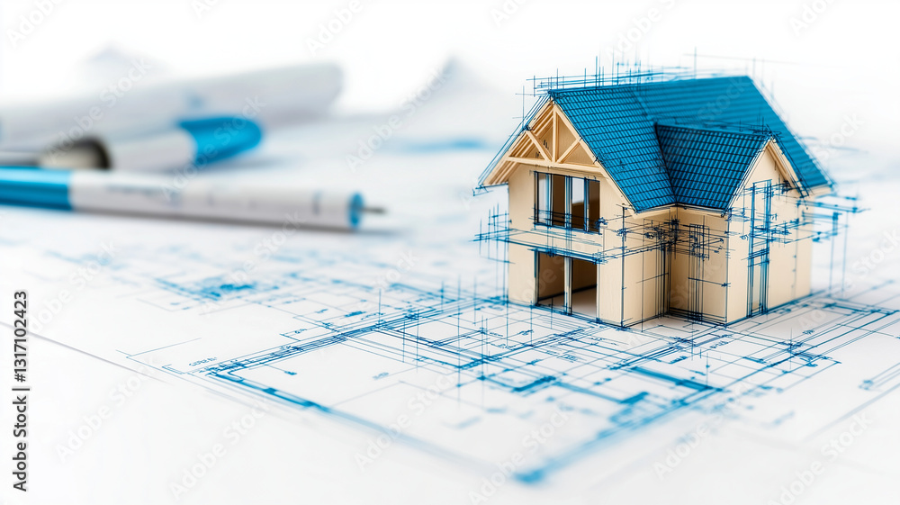 Poster detailed architectural blueprint featuring miniature house model, showcasing design elements and con