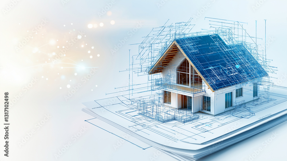 Poster detailed architectural blueprint of modern house design, showcasing intricate lines and structures. 