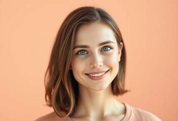 Fototapeta premium Photorealistic female portrait on warm pastel background