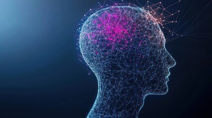 Digital Silhouette Of A Human Head Glowing With Connected Light Particles On Blue Background