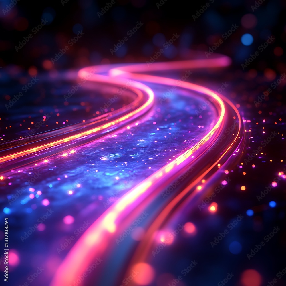 Poster a vibrant abstract path of light weaving through a dark, sparkling environment