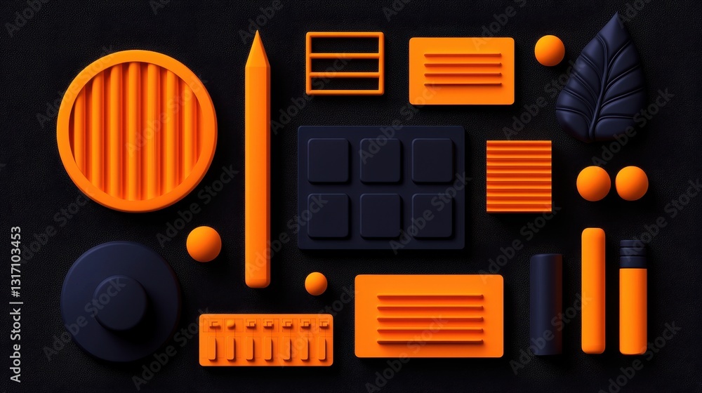 Poster abstract composition of shapes and objects in orange and black colors