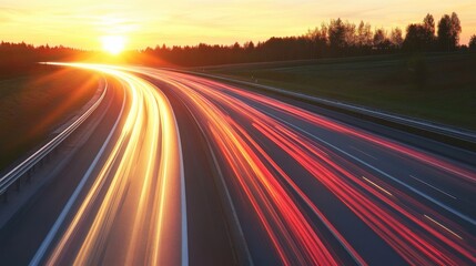 Obraz premium Sunset over a highway with light trails from vehicles creating a dynamic scene