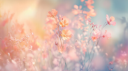 Naklejka premium Colorful pastel flowers in a meadow, spring wildflowers, pastel background, ample copy space for text, for cosmetics, spa, perfume, beauty salon, florist shop.