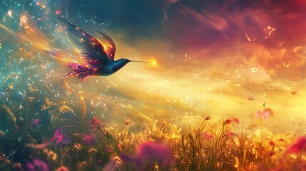 Fototapeta premium Colorful pastel background with a bird, featuring vibrant colors, a soft, misty atmosphere