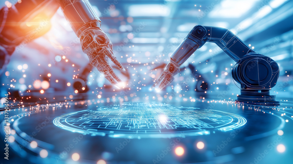 Poster futuristic factory floor with robotic arms interacting over digital interface, showcasing advanced t