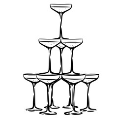 Glass Tower Illustration Champagne Tower Line Art  Champagne Glass Pyramid Outline Champagne Flowing Line Art Line Art for Wedding Vector Beverage Illustration Coupe Glass Isolated Celebration Element