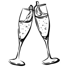 two champagne glasses toasting splash of liquid outline champagne toast hand drawn champagne glasses clinking illustration cheer celebration element beverage vector