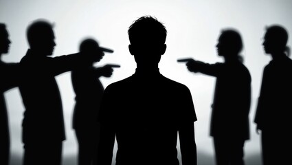 Silhouette of an Individual Surrounded by Pointing Shadows in a Dramatic Accusation Scene