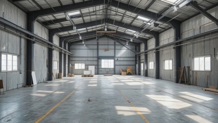 Spacious and Bright Interior of an Industrial Warehouse with High Ceilings and Abundant Natural Light
