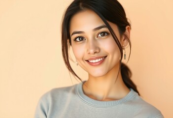Fototapeta premium Photorealistic portrait of a female on a warm colored background