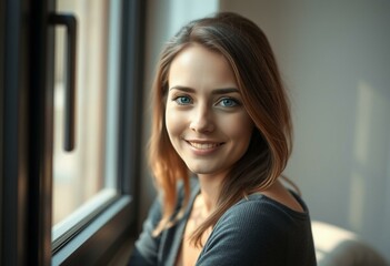 Fototapeta premium Female portrait by a window with soft focus on eyes