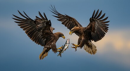 A pair of fierce eagles fighting mid-air over a fish