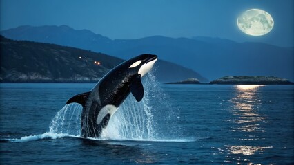 Fototapeta premium Majestic Midnight: Orca's Ocean Glow - Low Light Killer Whale Photography