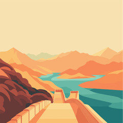the Great Wall, the Yangtze and Yellow Rivers, China National Day holiday poster design. Minimalist style, simple lines and shapes, large areas of blank space, core elements highlighted, beautifully 