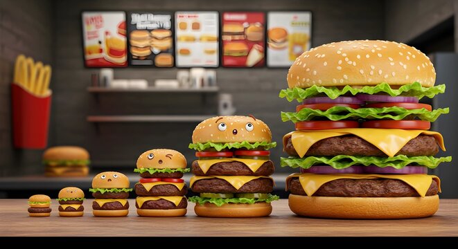 A humorous burger size comparison concept, creatively showcasing different burger sizes, perfect for social media engagement, foodie fun, and playful marketing content.