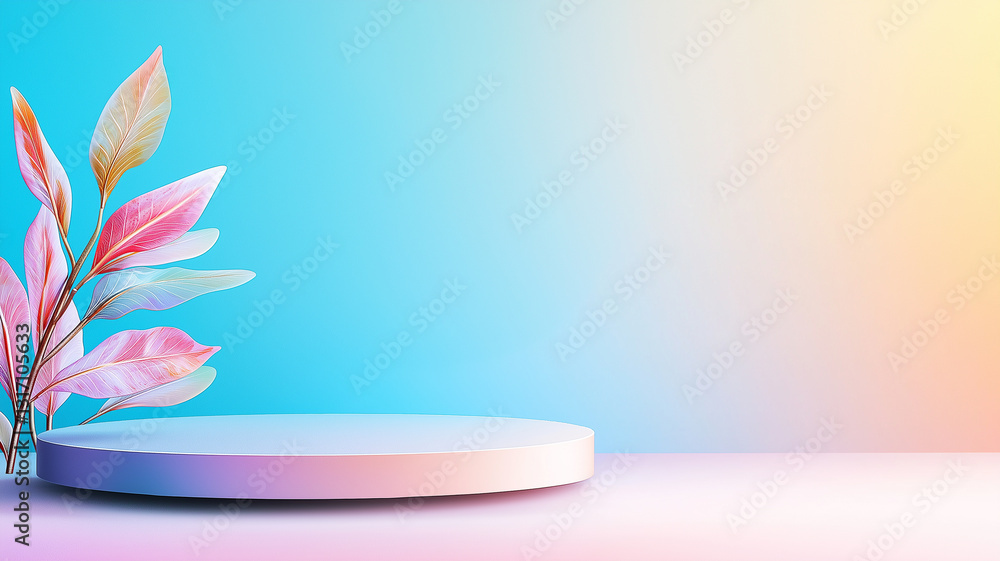 Poster vibrant abstract background featuring circular platform and colorful leaves. gradient transitions fr