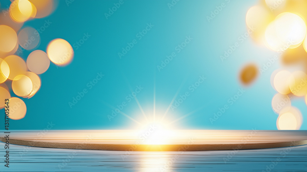 Poster bright light emerging from wooden surface with blue background and soft bokeh effects creates serene