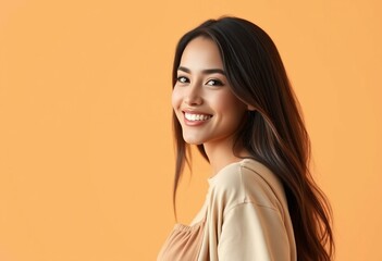 Fototapeta premium Photorealistic portrait of a female model on pastel background