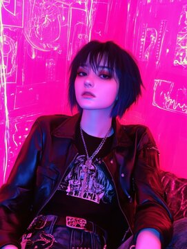 Young woman with blue hair and leather jacket in a neon pink setting