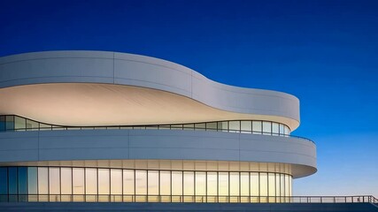 Modern architectural design with smooth curves and large windows against blue and twilight skies, showcasing innovative building techniques.