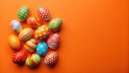Vibrant Hand-Painted Easter Eggs Arranged on a Bright Orange Background, Perfect for Festive Springtime Celebrations and Greetings