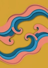 A picture of a wave. The wave is blue and pink. The picture is a cartoon. The background is yellow. The waves are wavy. The wavy lines are pink. There is a pink line on the wave. 