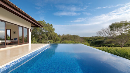 Fototapeta premium Luxurious home with infinity pool overlooking lush garden and landscape. serene atmosphere invites relaxation and enjoyment of nature beauty