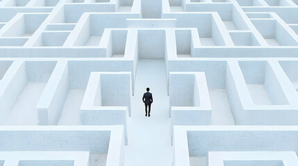 Businessman Walking Through A Bright White Complex Maze Aerial Perspective Representing Challenges Solutions And Strategic Decision Making In
