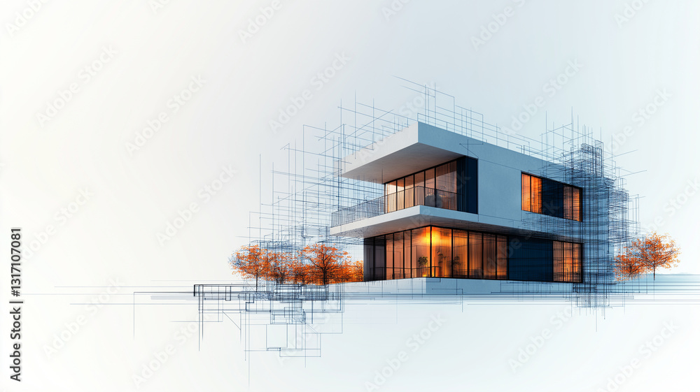 Poster modern house design with blueprint elements, showcasing contemporary architectural . structure featu