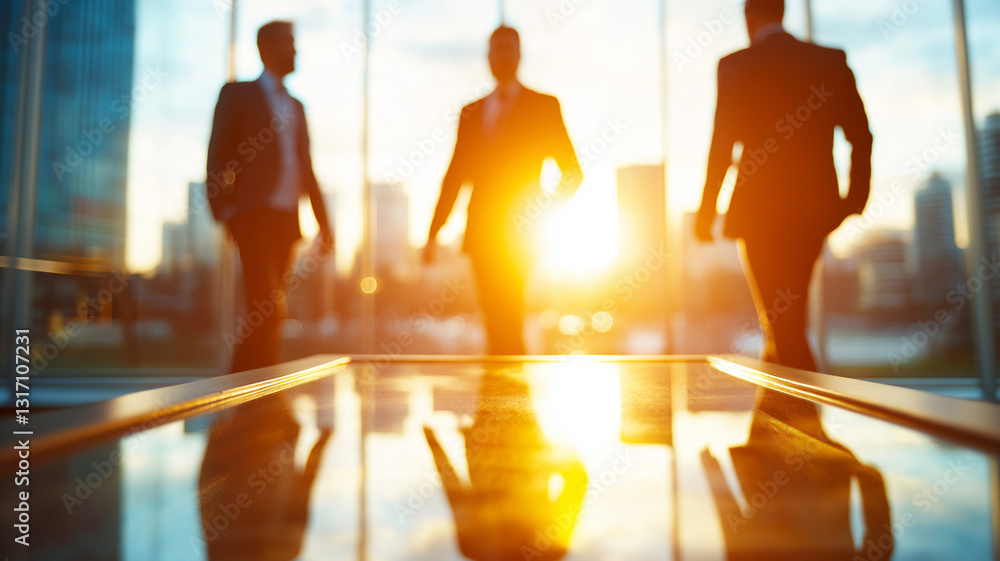 Poster silhouetted business people walking in modern office at sunset, creating warm and dynamic atmosphere