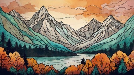 A unique hand-drawn abstract mountain landscape with soft watercolor effects. A peaceful and artistic nature-inspired design.