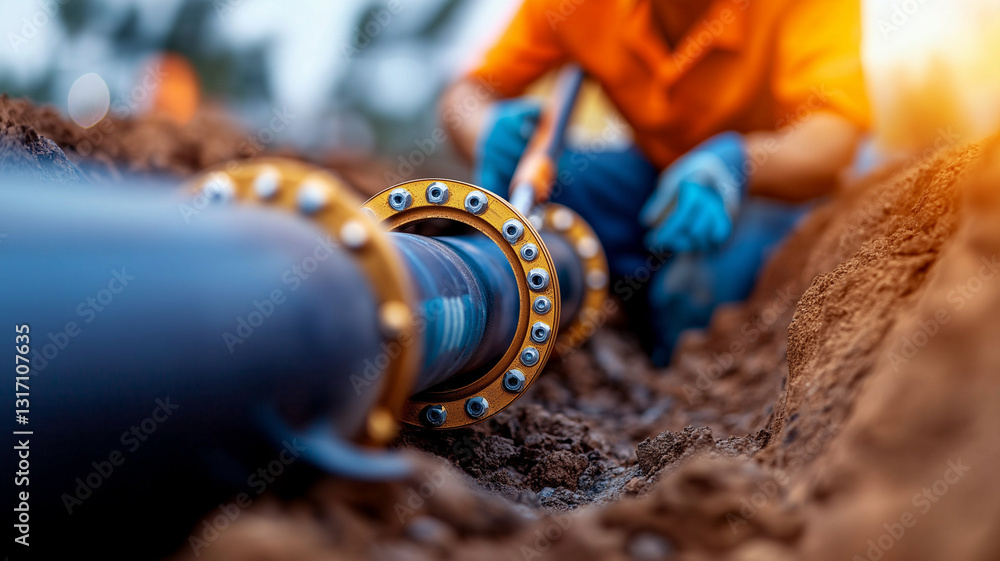 Poster close up of worker in orange shirt installing pipe in trench, showcasing construction process. scene