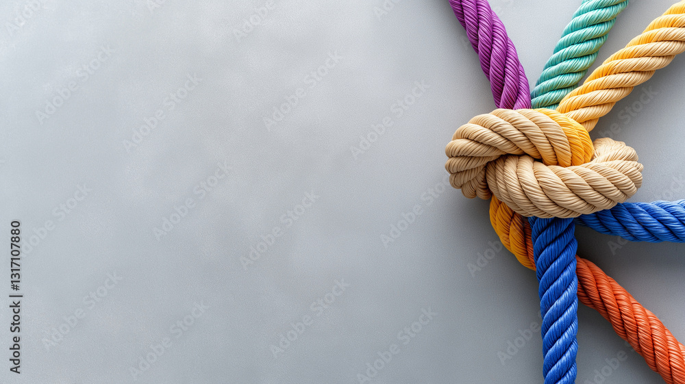 Poster colorful ropes tied in knot on grey background create vibrant and dynamic visual. interplay of color
