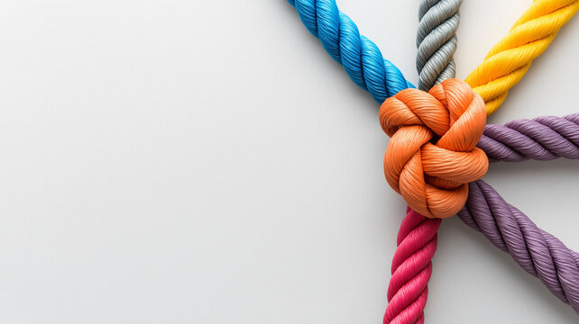 Colorful ropes tied in knot on light background, showcasing vibrant hues and intricate design. This evokes creativity and craftsmanship