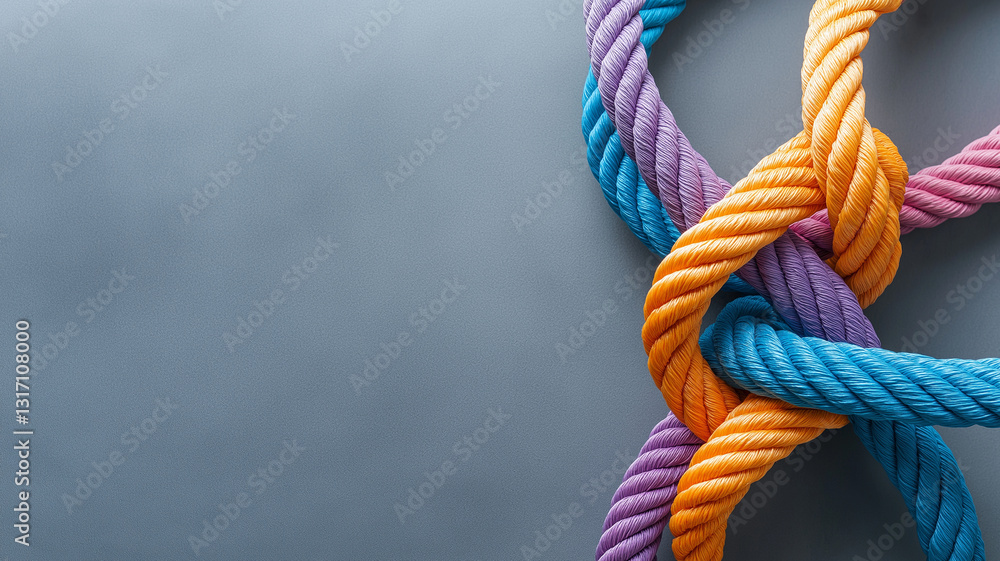 Poster colorful ropes intertwined on grey background create vibrant and dynamic visual. knots and twists sh