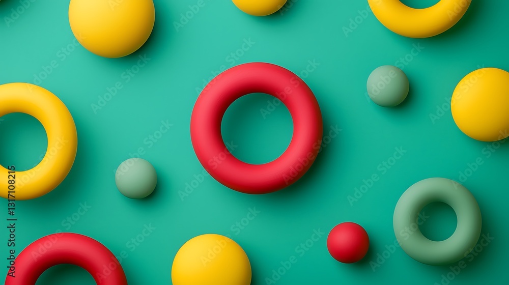 Poster colorful, abstract arrangement of circular shapes on a teal background, creating a playful and vibra
