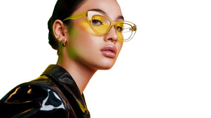 Elegant Woman in Cat-Eye Glasses Against Yellow Background