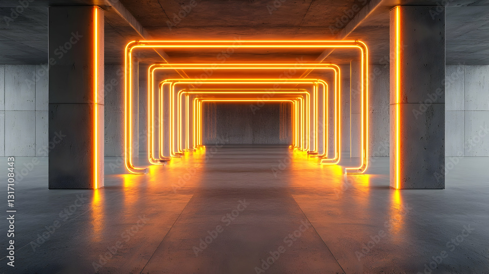 Poster empty concrete corridor with glowing orange neon rectangular frames in a dark industrial futuristic 