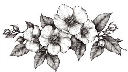 A beautifully crafted pen-and-ink drawing of wild roses in a natural arrangement, with petals unfolding gracefully and detailed stippling adding depth