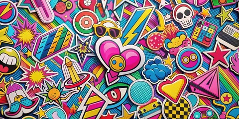 Naklejka premium A vibrant collection of playful stickers featuring various shapes, patterns, and bold colors, creating a dynamic and energetic visual experience.