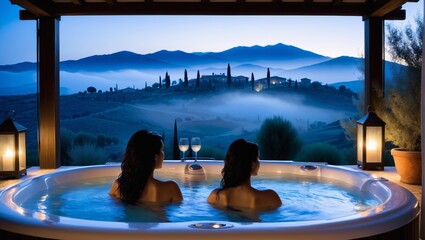 Relaxing Evening in Outdoor Hot Tub woman tourism, travel, vacation tuscany Ai