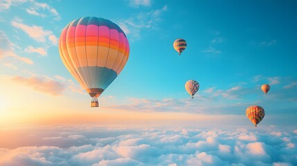 Fototapeta premium Vibrant hot air balloons float in clear blue sky with multicolored designs, drifting above fluffy clouds in serene, dreamy travel scene capturing freedom and inspirational wanderlust.
