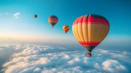 Naklejka premium Vibrant hot air balloons float in clear blue sky with multicolored designs, drifting above fluffy clouds in serene, dreamy travel scene capturing freedom and inspirational wanderlust.
