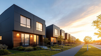 Obraz premium Modern row of houses with black panels and wooden accents, showcasing contemporary architecture. scene captures serene sunset, enhancing beauty of neighborhood